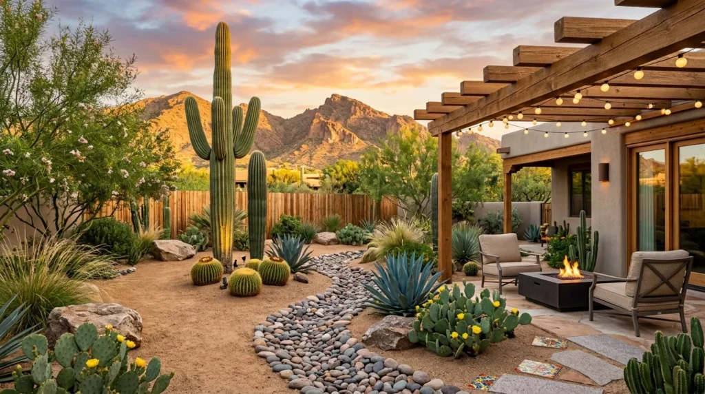 Arizona desert backyard with saguaro cacti, decomposed granite, dry riverbed, pergola, fire pit, and drought-tolerant landscaping.