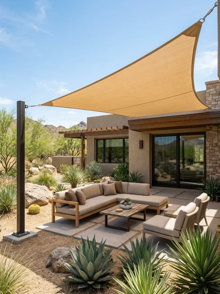 Triangular shade sail providing sun protection over an Arizona backyard patio.