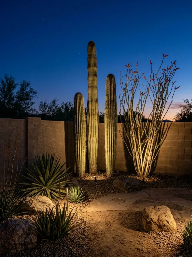 Low-voltage landscape lights uplighting saguaro cacti in a desert backyard at night.
