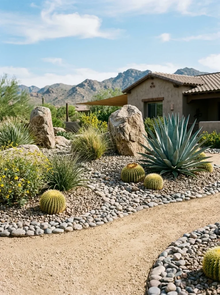 Mixed boulders, river rocks, and decomposed granite adding depth to desert landscaping.