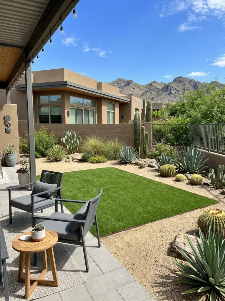Small low-water green turf area surrounded by desert landscaping and decomposed granite.