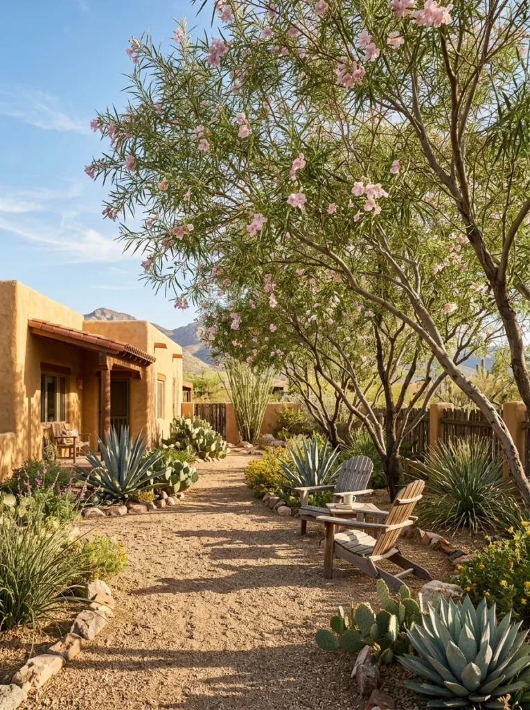 Desert willow trees creating natural shade in a drought-tolerant backyard.