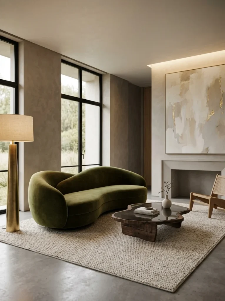Sculptural statement sofa serving as the focal point of a contemporary living room.