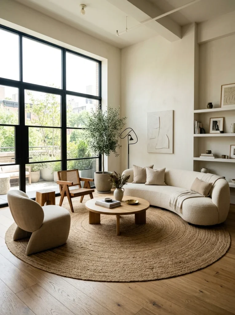 Deep indigo blue carpet anchoring a contemporary living room.