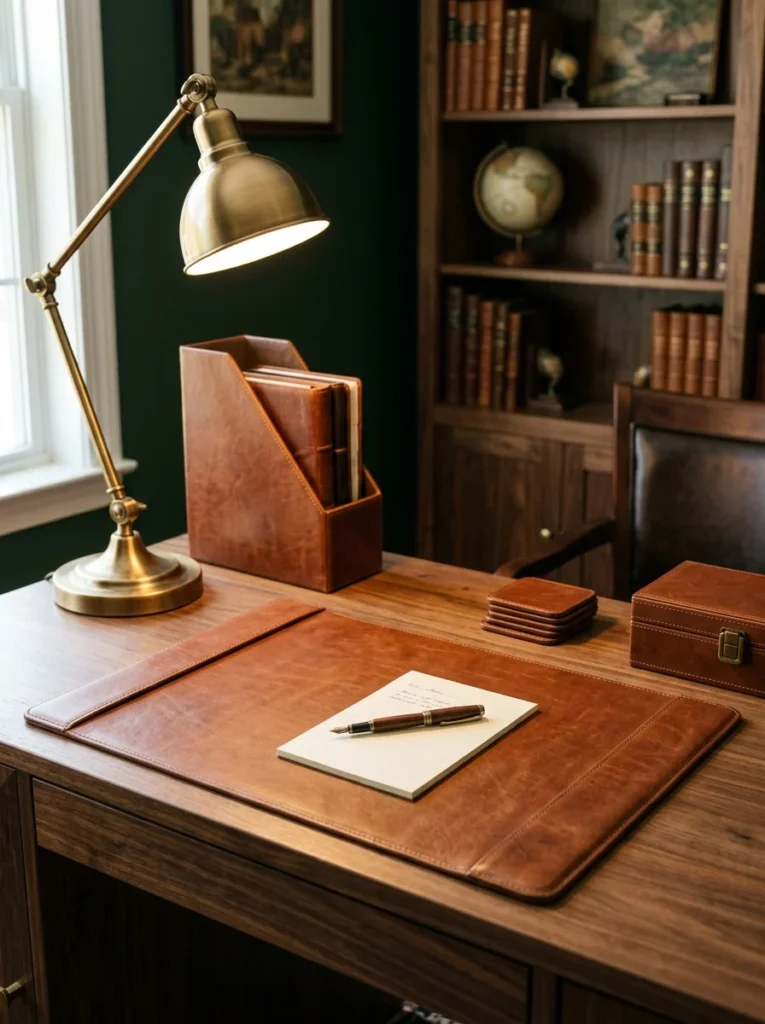 Cognac leather desk blotter and matching leather accessories on a dark walnut home office desk.