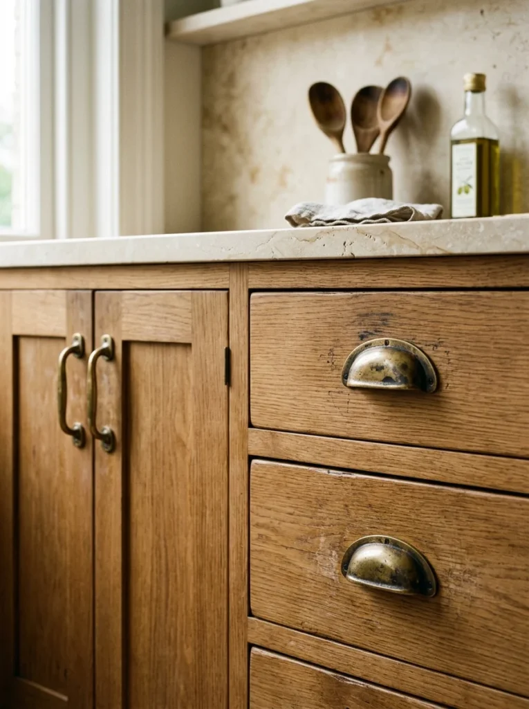 Unlacquered brass kitchen hardware developing a warm natural patina over time.