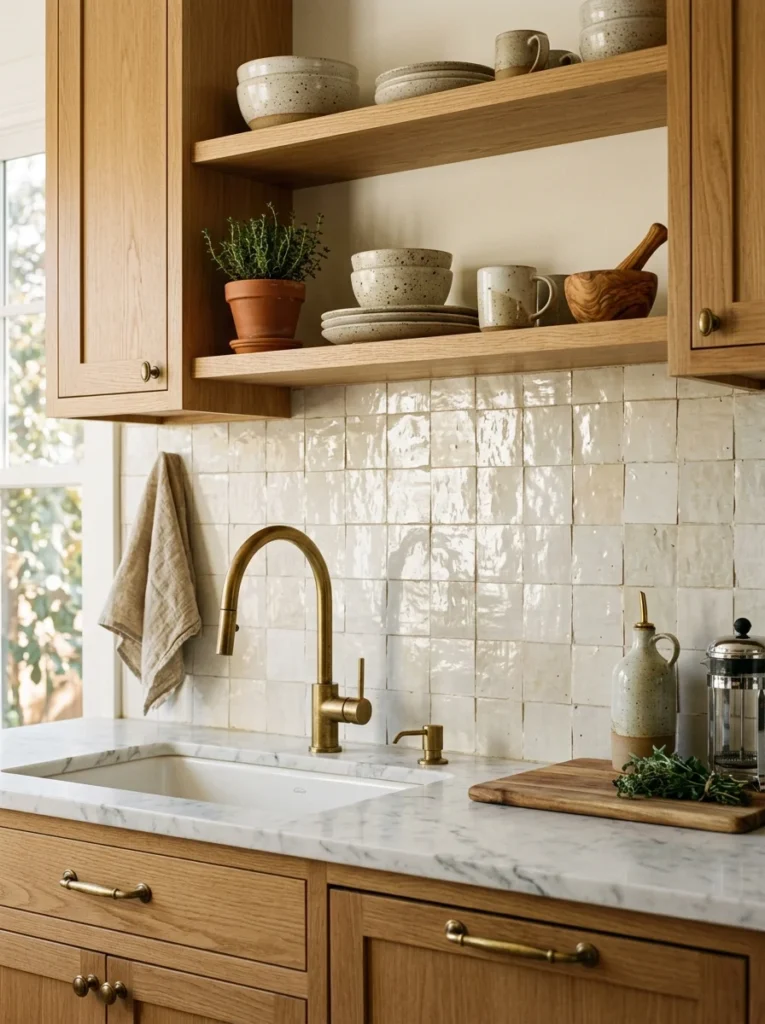 Handmade zellige tile backsplash adding texture and natural variation to a kitchen.