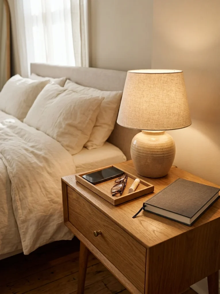 Decorative tray organizing small everyday items on a bedroom nightstand.