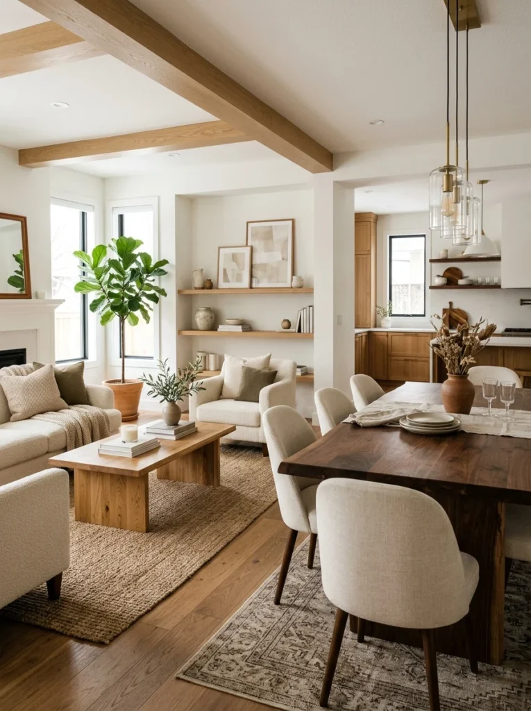 Coordinated wood furniture finishes in an open-concept room.