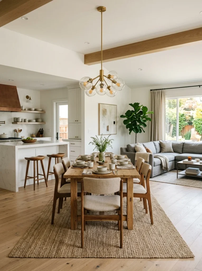 Narrow console table creating a gentle boundary between living room and kitchen zones.