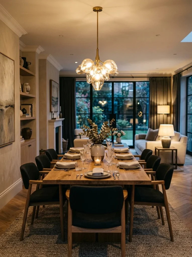 Pendant light creating a defined dining area in an open floor plan.