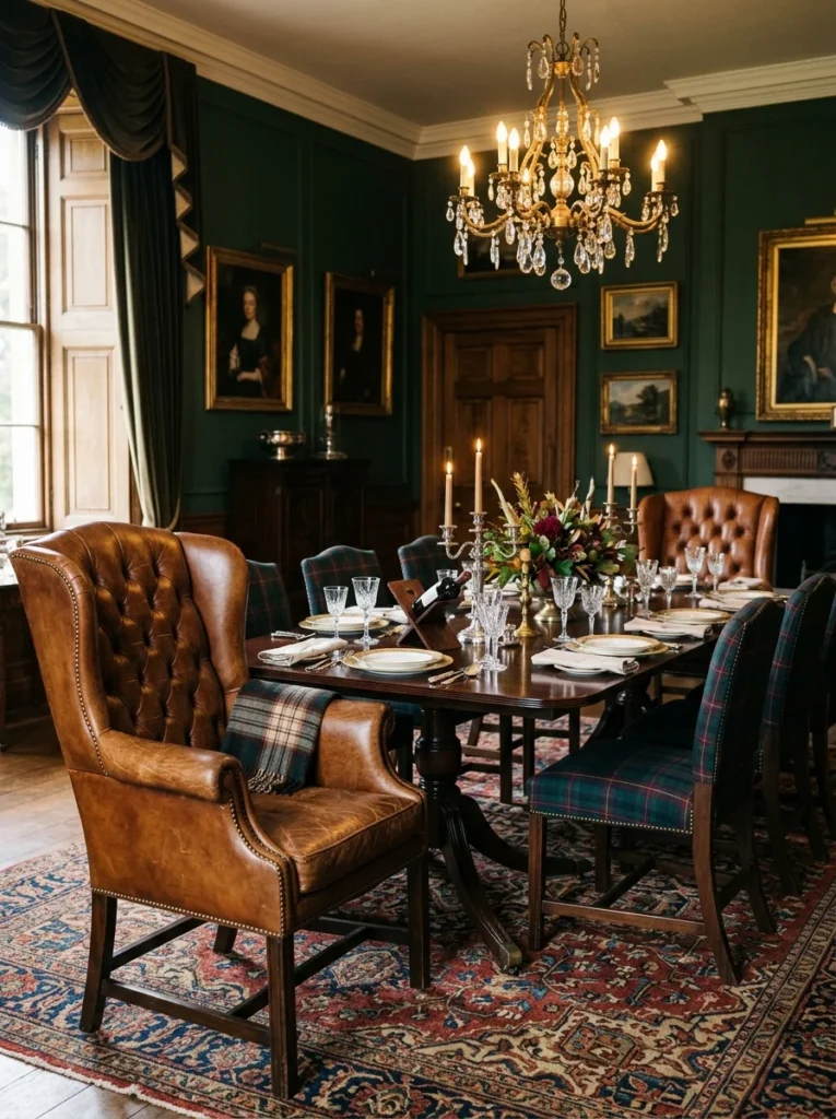 Cognac leather host chairs with nailhead trim paired with tartan dining chairs and a mahogany table.