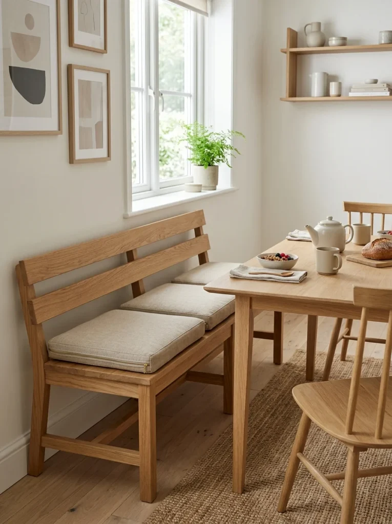 Banquette cushions with removable washable covers.