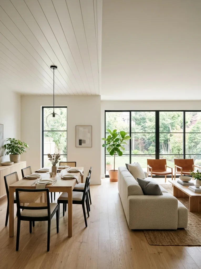 Shiplap and smooth drywall ceiling combination visually defining an open dining area.