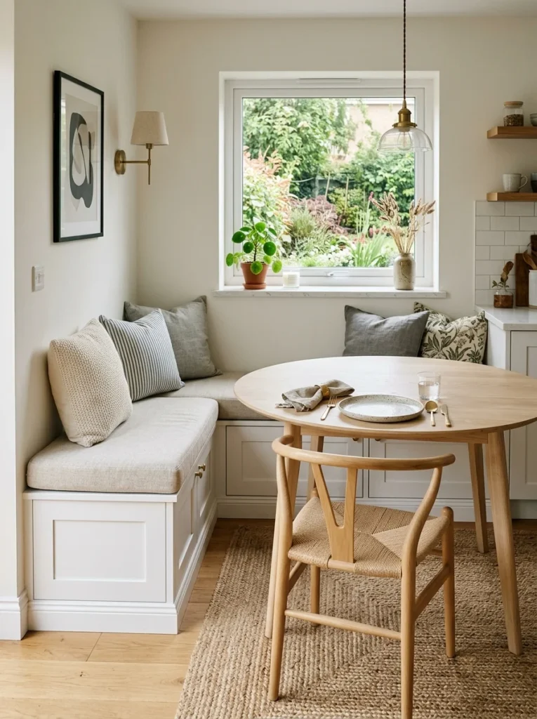 Kitchen cabinets converted into banquette seating.