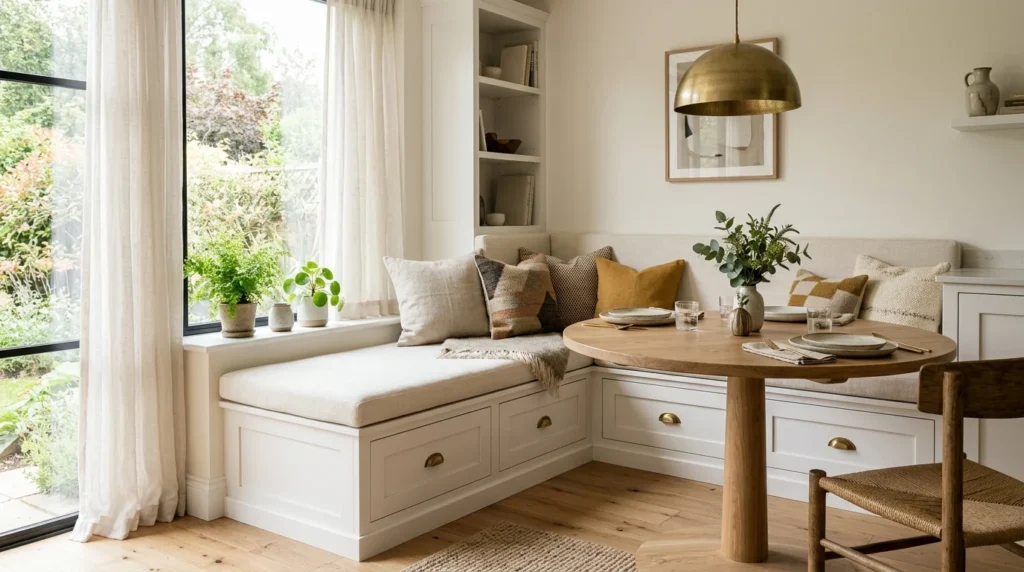 Modern DIY banquette seating with hidden storage, upholstered cushions, and a round pedestal table.