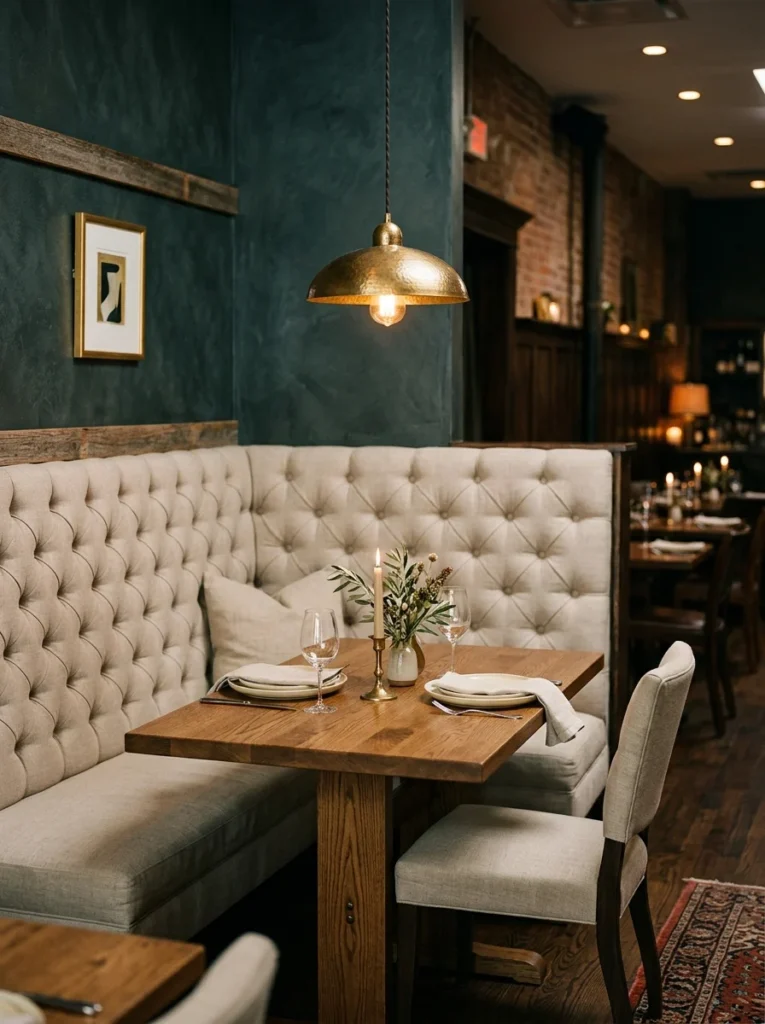 Diamond tufted banquette seating with elegant upholstery.
