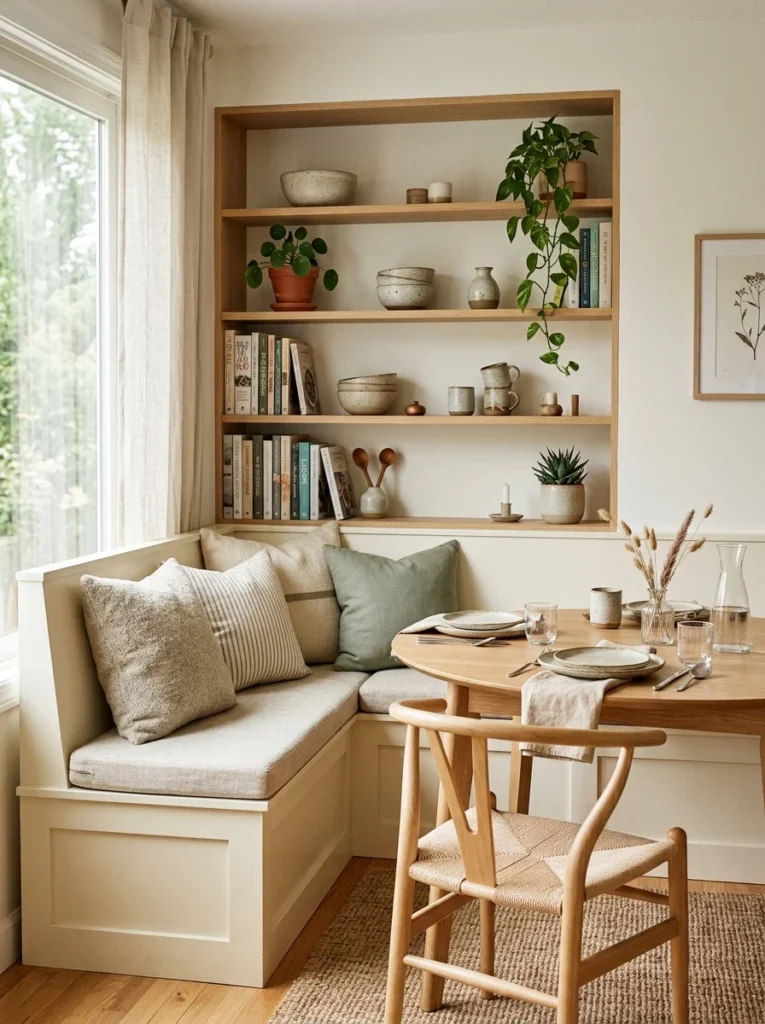Banquette featuring built-in bookshelf storage.