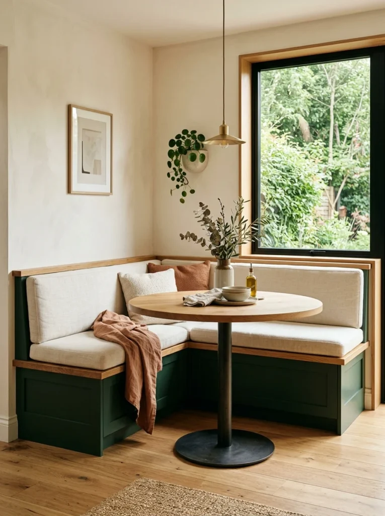 Two-tone banquette with green base and oak trim.
