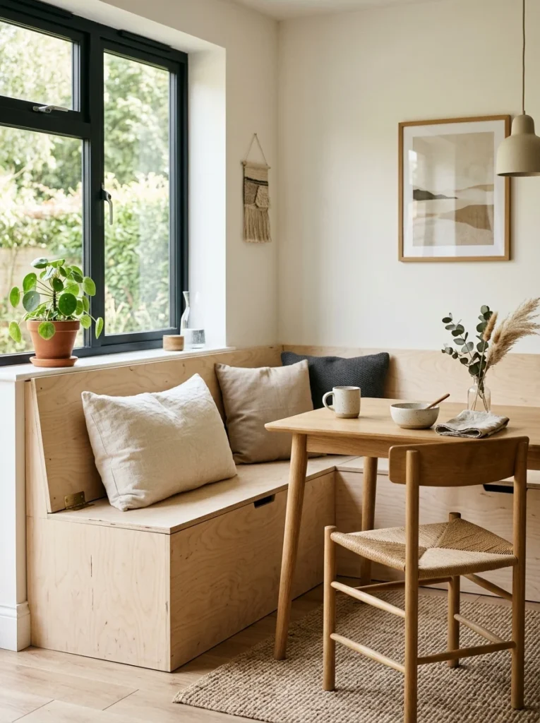 Simple plywood box banquette with hidden storage.
