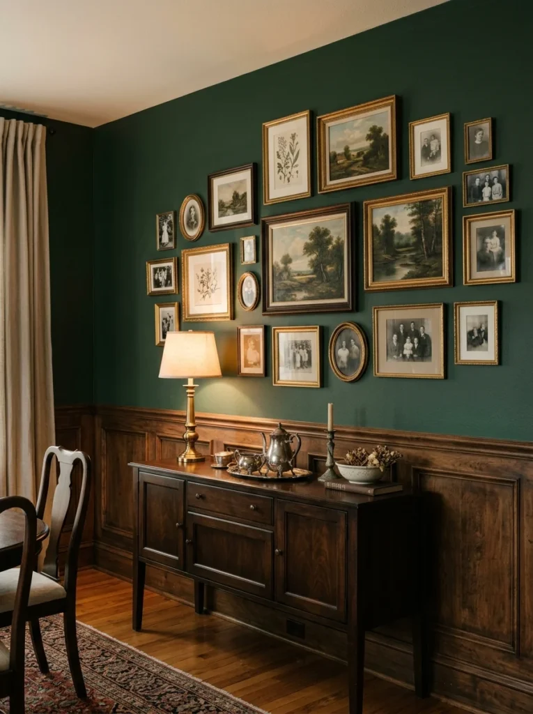 Gallery wall of vintage gold, brass, and dark wood frames above a traditional dining room sideboard.