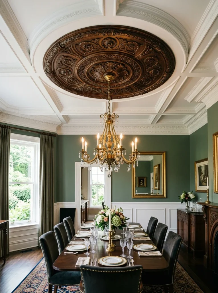 Decorative stained wood ceiling medallion around a chandelier.