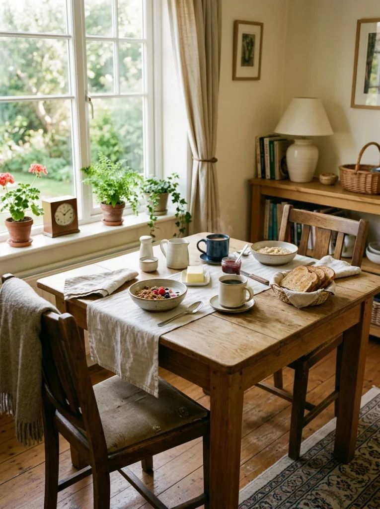 Practical dining table styled for comfortable everyday breakfasts and family meals.