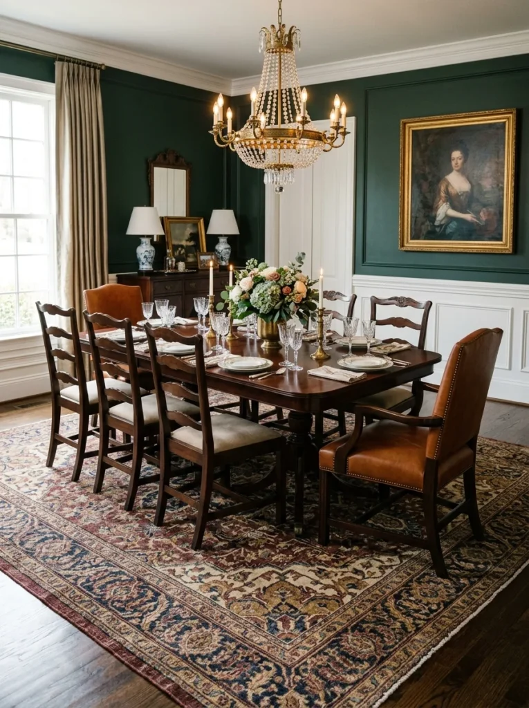 Large burgundy and navy Persian-style rug extending beyond a mahogany dining table and chairs.