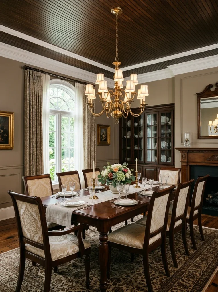 Stained beadboard ceiling with decorative crown molding.