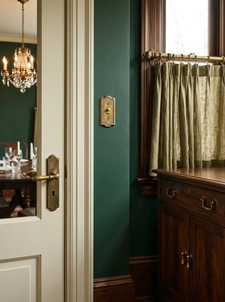 Coordinated antique brass door hardware, switch plates, and curtain details in a traditional dining room.