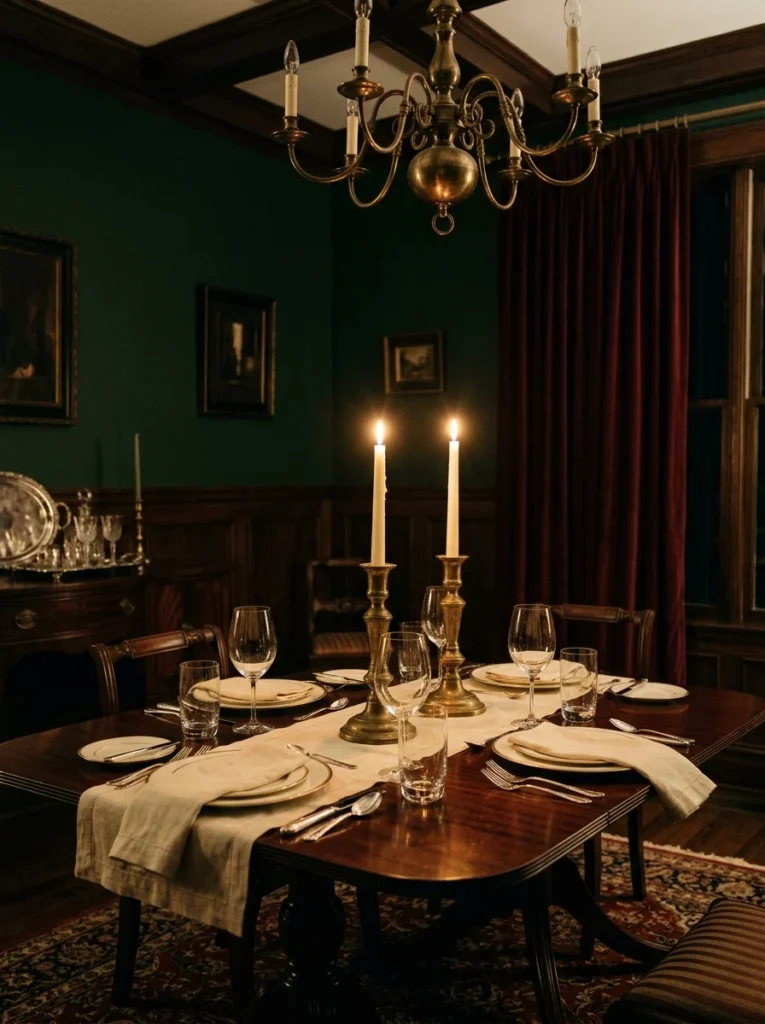 Brass candlesticks and a dimmed chandelier creating warm evening light in an elegant dining room.