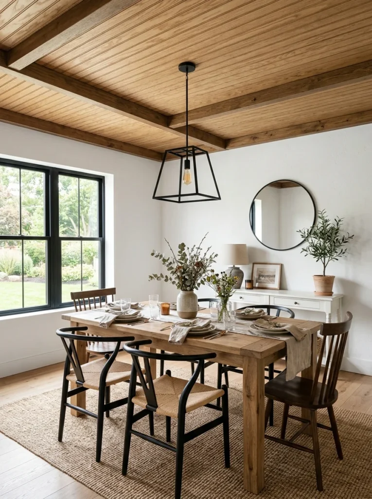 Faux wood plank ceiling made from affordable plywood strips.