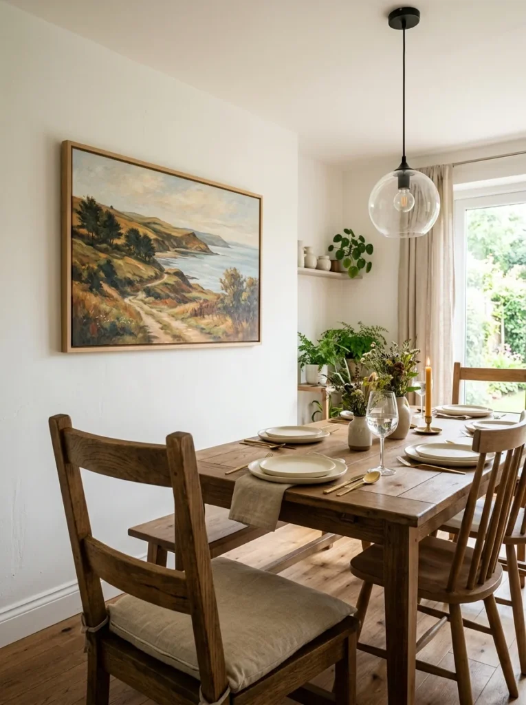 Dining room artwork positioned at comfortable eye level for seated guests.