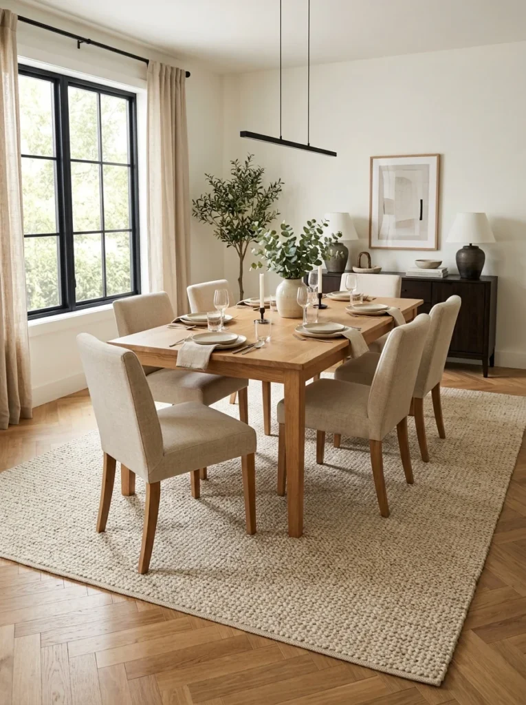 Properly sized area rug extending beyond a dining table and pulled-out chairs.