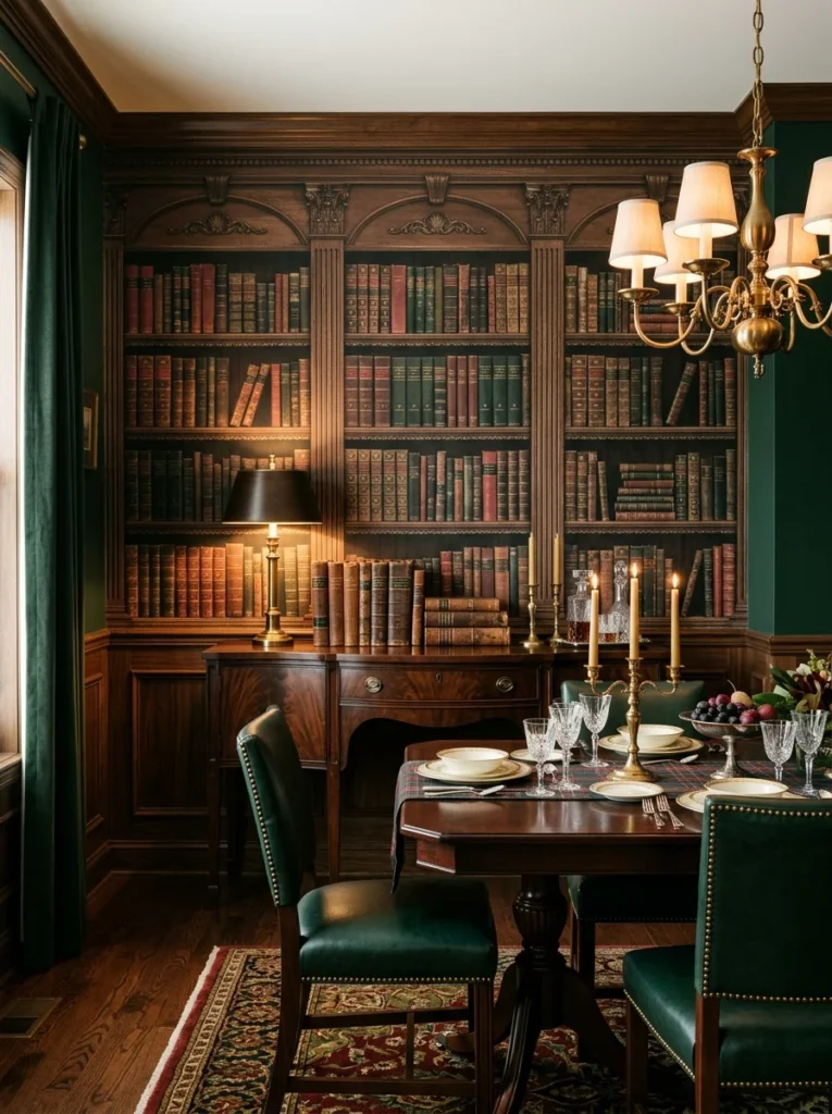 Library-inspired bookshelf wallpaper adding an old-world study feel to a traditional dining room.