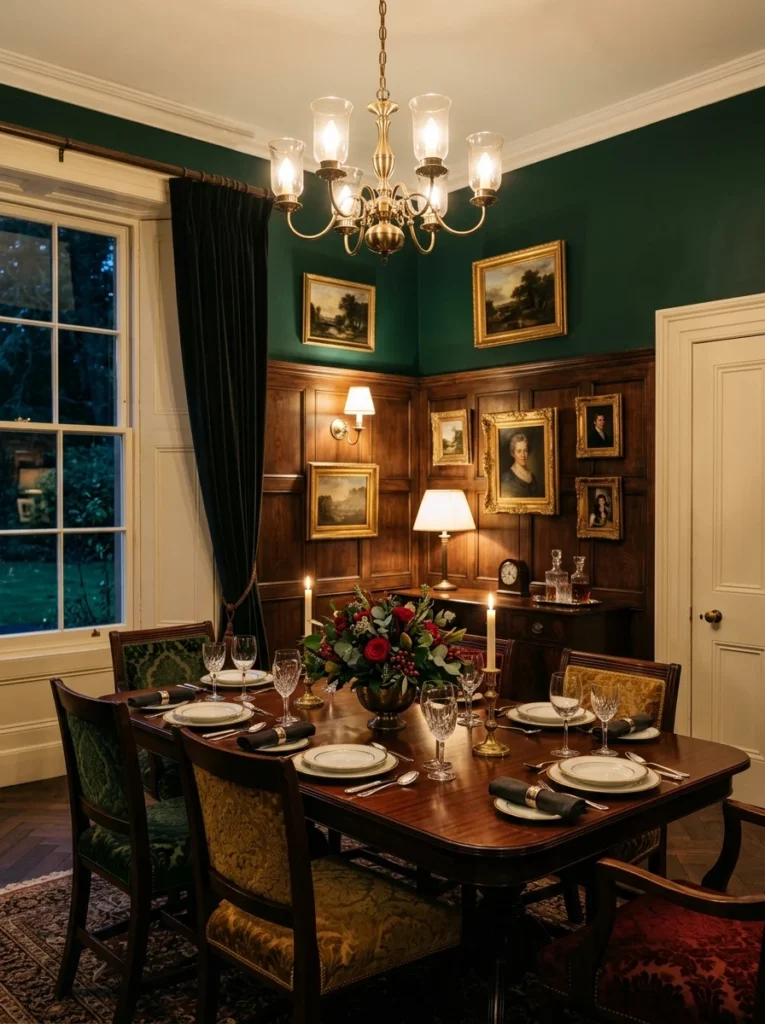 Deep hunter green dining room walls with walnut paneling and warm brass lighting.