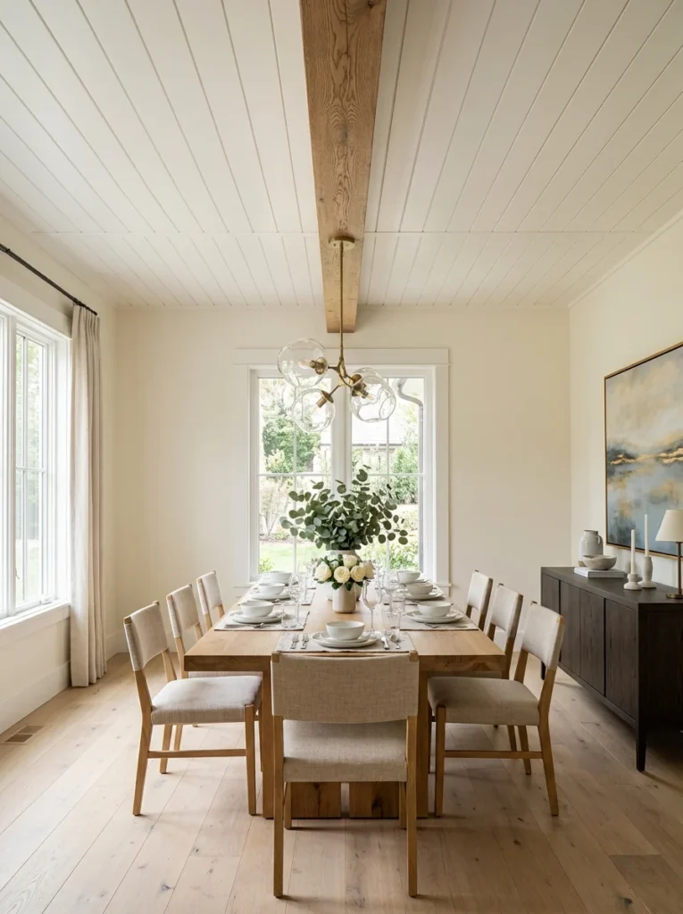 White shiplap dining room ceiling accented by a single natural stained wood beam.