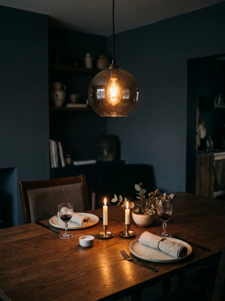 Warm dimmable pendant lighting creating a cozy evening dining atmosphere.
