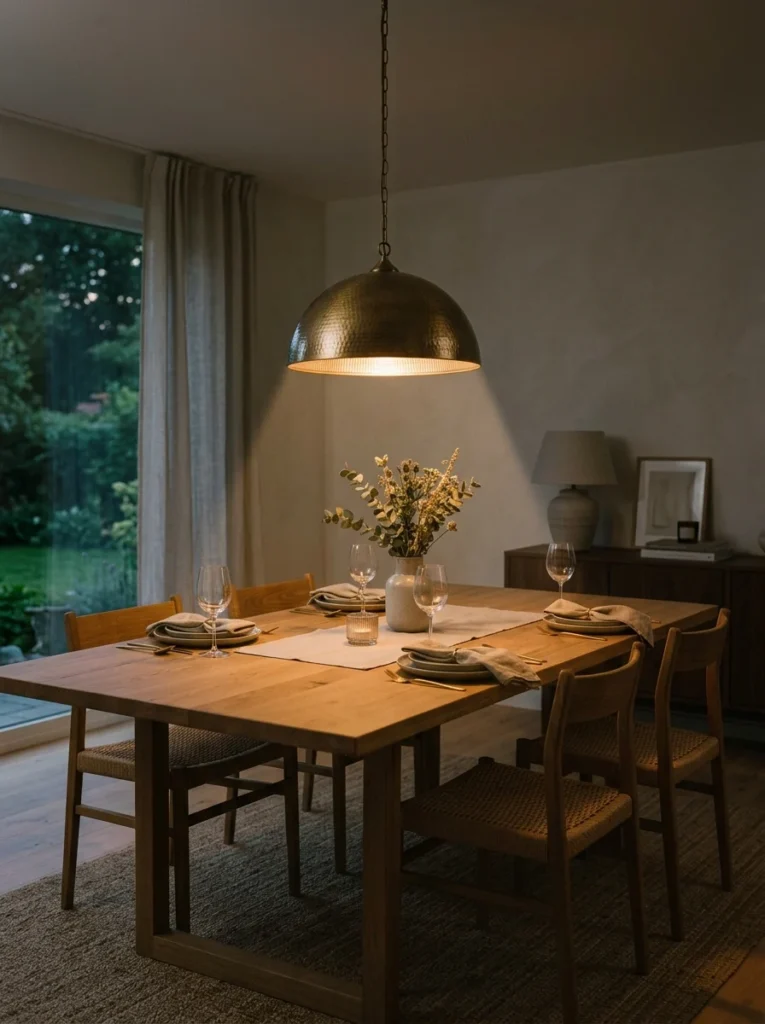 Centered pendant light anchoring a warm and inviting dining table.