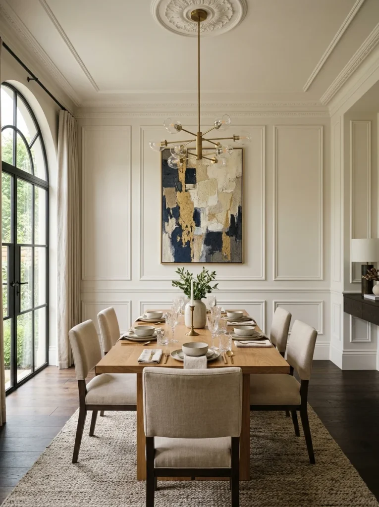 Decorative picture frame wall molding in a dining room.