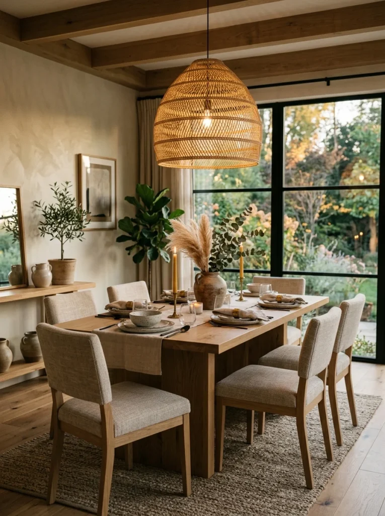 Woven pendant light creating a statement in a dining room.