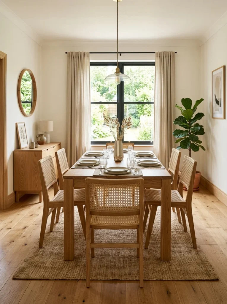 Properly sized dining table with comfortable walking space around every side.