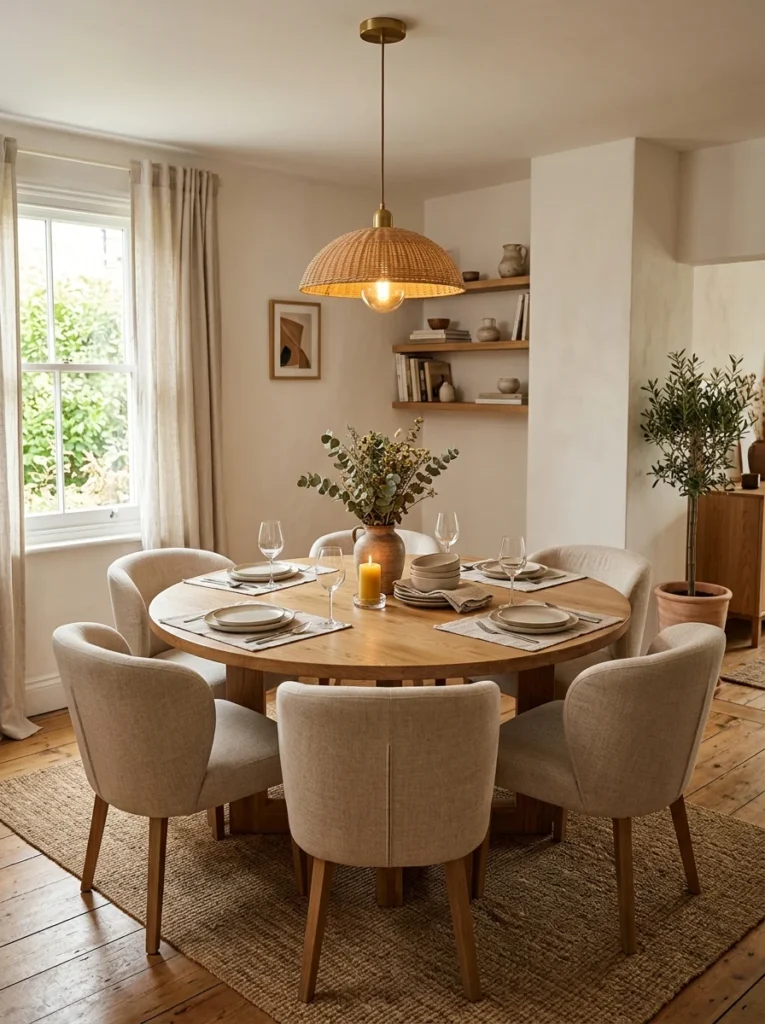 Round dining table creating an intimate and conversation-friendly seating arrangement.