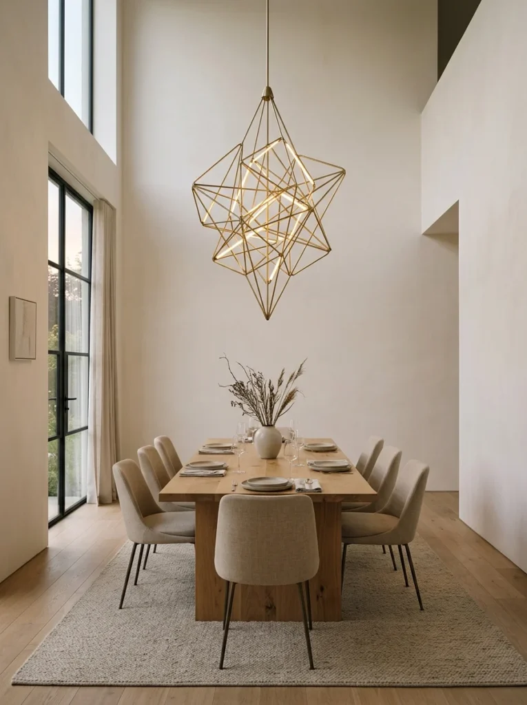 Statement chandelier serving as the main decorative focal point above a dining table.