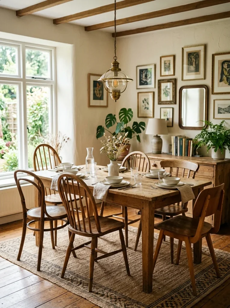 Mismatched wooden dining chairs arranged around a warm natural wood table.
