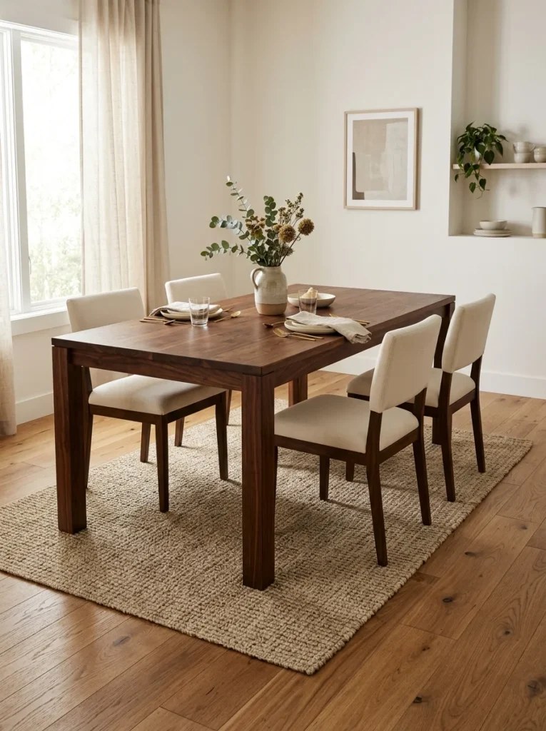 Walnut dining table complementing lighter natural oak flooring.