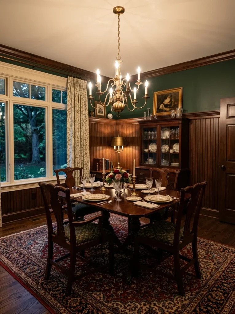 Dark walnut wainscoting paired with hunter green walls in an elegant traditional dining room.