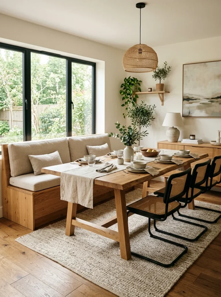 Dining table with a long wooden bench providing flexible extra seating.