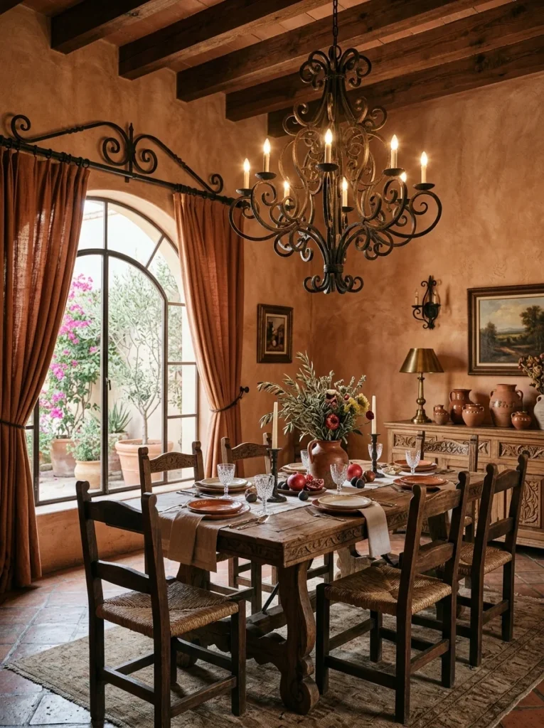 Wrought iron lighting and decor in a Mexican-style dining room.