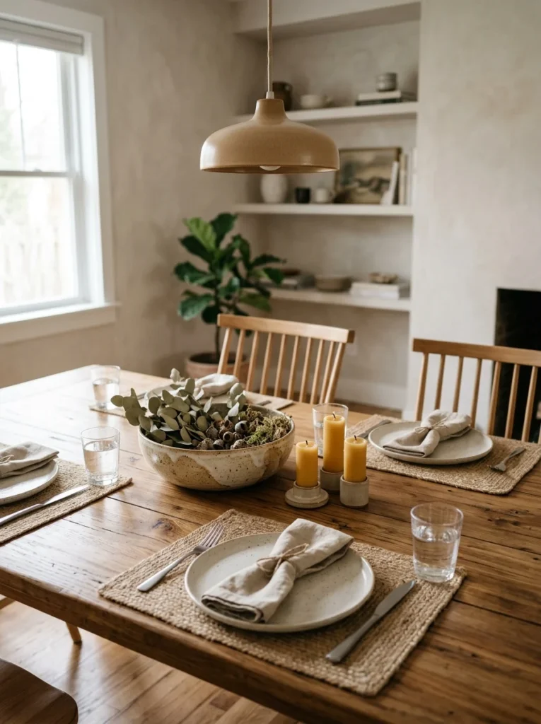 Low dining table centerpiece that keeps conversation sightlines clear.